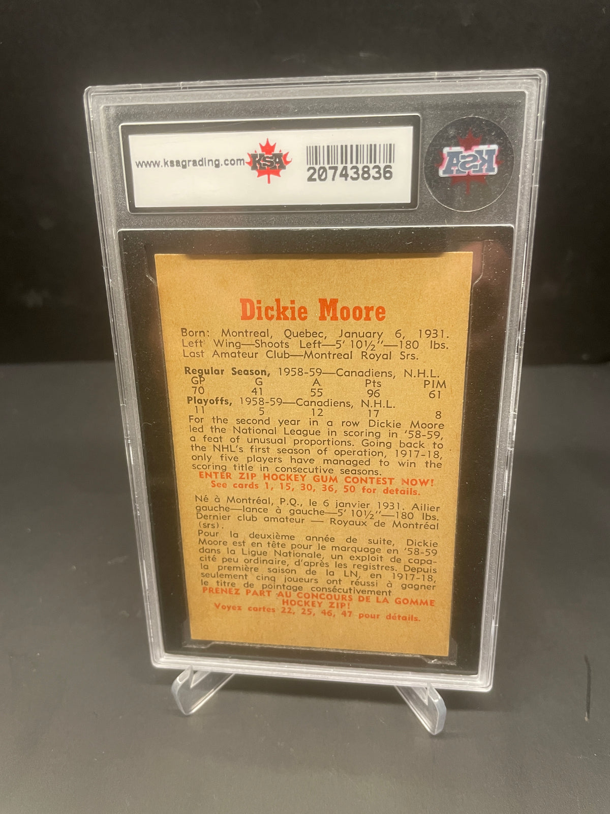 1959-60 Parkhurst Dickie Moore #14 - KSA 6.5 ENM+ (Montreal Canadiens)