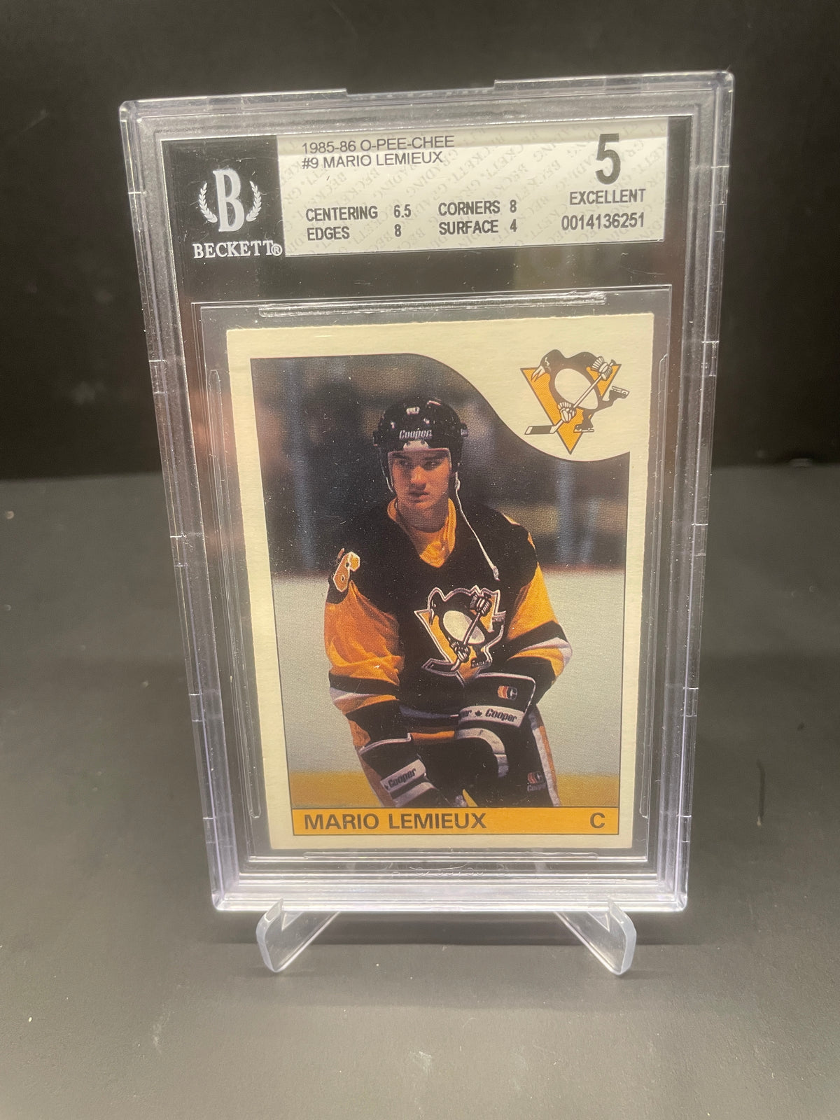 1985-86 O-Pee-Chee Mario Lemieux Rookie Card #9 - BGS 5 EX (Penguins)