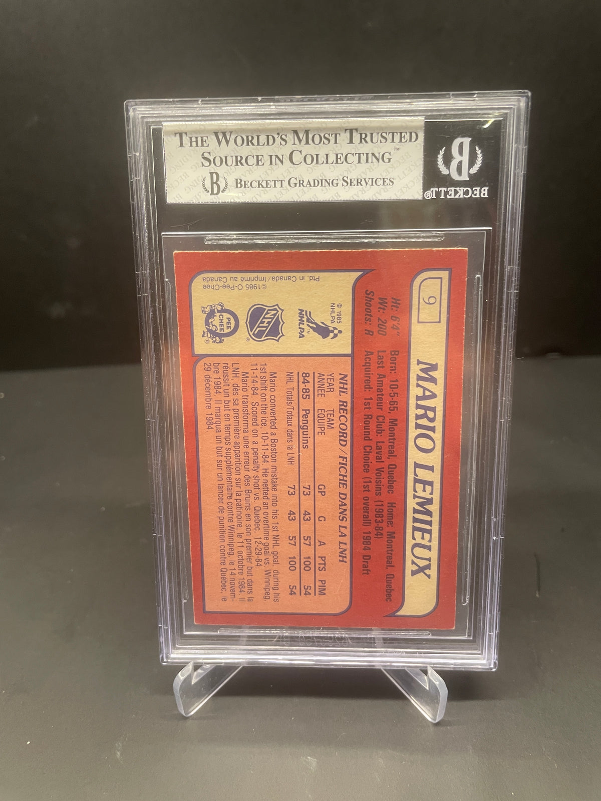 1985-86 O-Pee-Chee Mario Lemieux Rookie Card #9 - BGS 5 EX (Penguins)