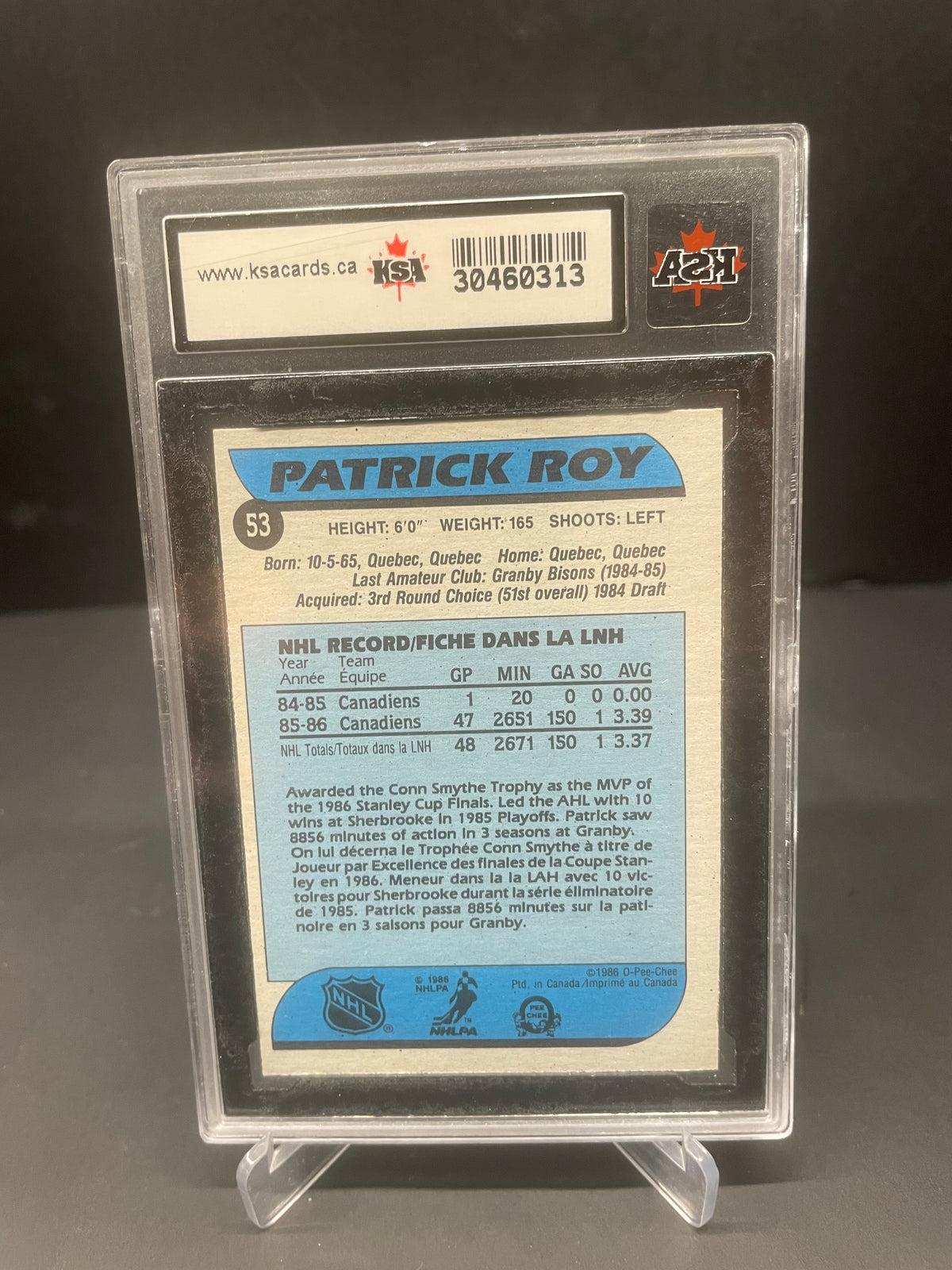 1986-87 O-Pee-Chee Patrick Roy Rookie Card #53 - KSA 7.5 NM+ (Canadiens)