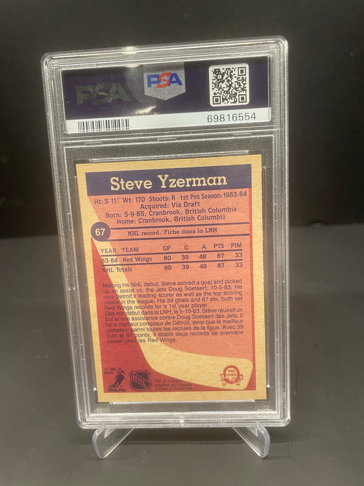 1984 O-Pee-Chee Steve Yzerman Rookie Card #67 – PSA 7 NM (Detroit Red Wings)