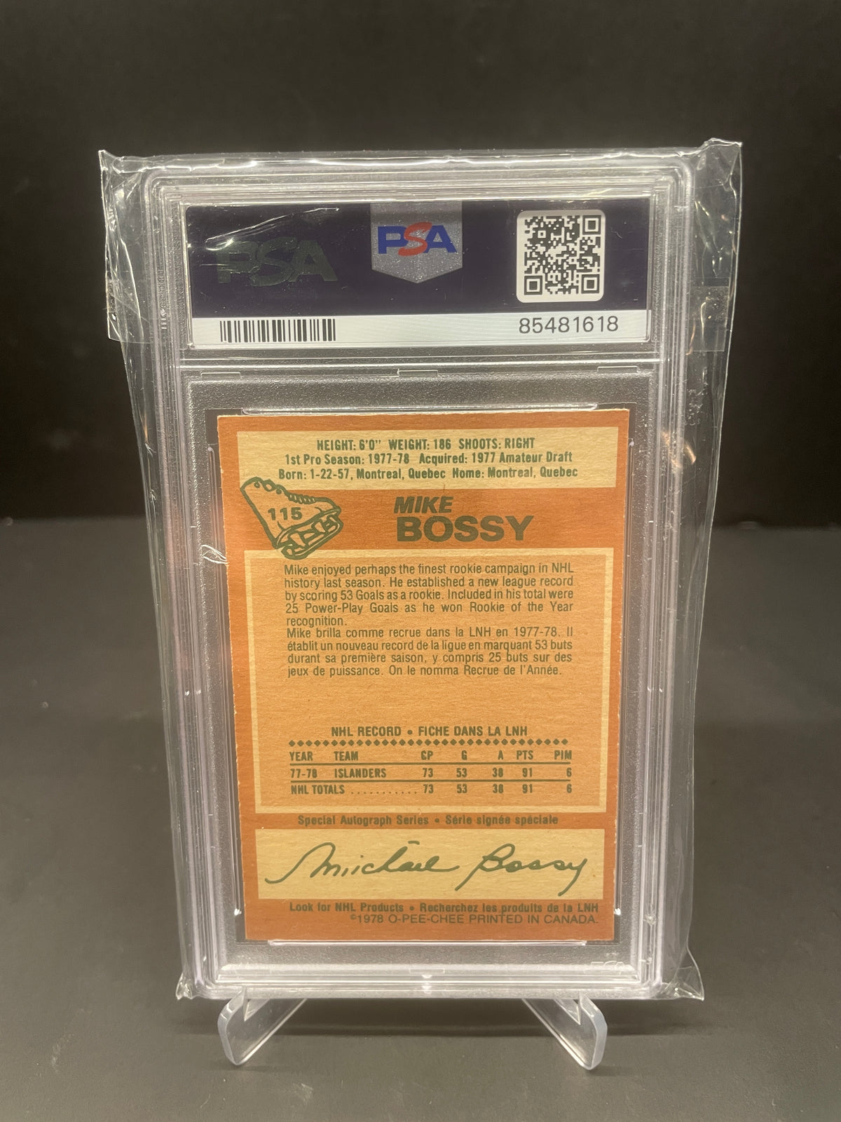 1978 O-Pee-Chee Mike Bossy Rookie Card #115 – PSA 7 NM (NY Islanders HOF)
