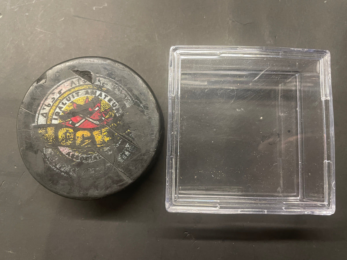 Rare Vintage Iqaluit Amateur Hockey Association Puck with Case (Heavy Wear)