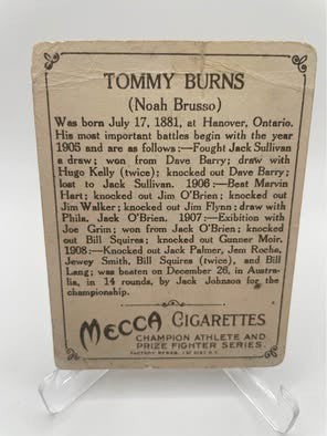 1910 T220 Mecca Cigarettes Tommy Burns Heavyweight Champion Boxing Card - Rare Pre-War