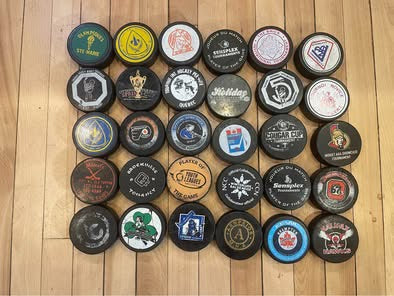 Vintage Minor League Youth Tournament Hockey Puck Collection – Lot of 30 Pucks