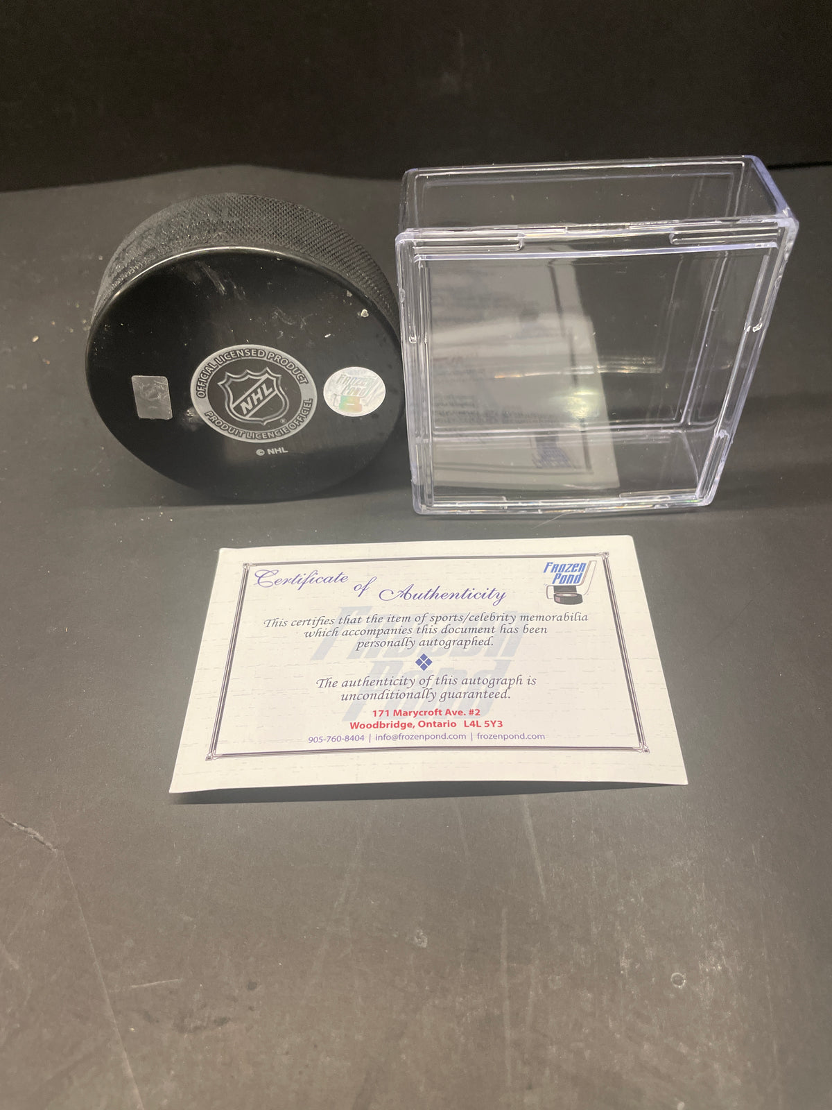 Vintage Doug Favell Autographed Philadelphia Flyers Hockey Puck (With COA; Case)