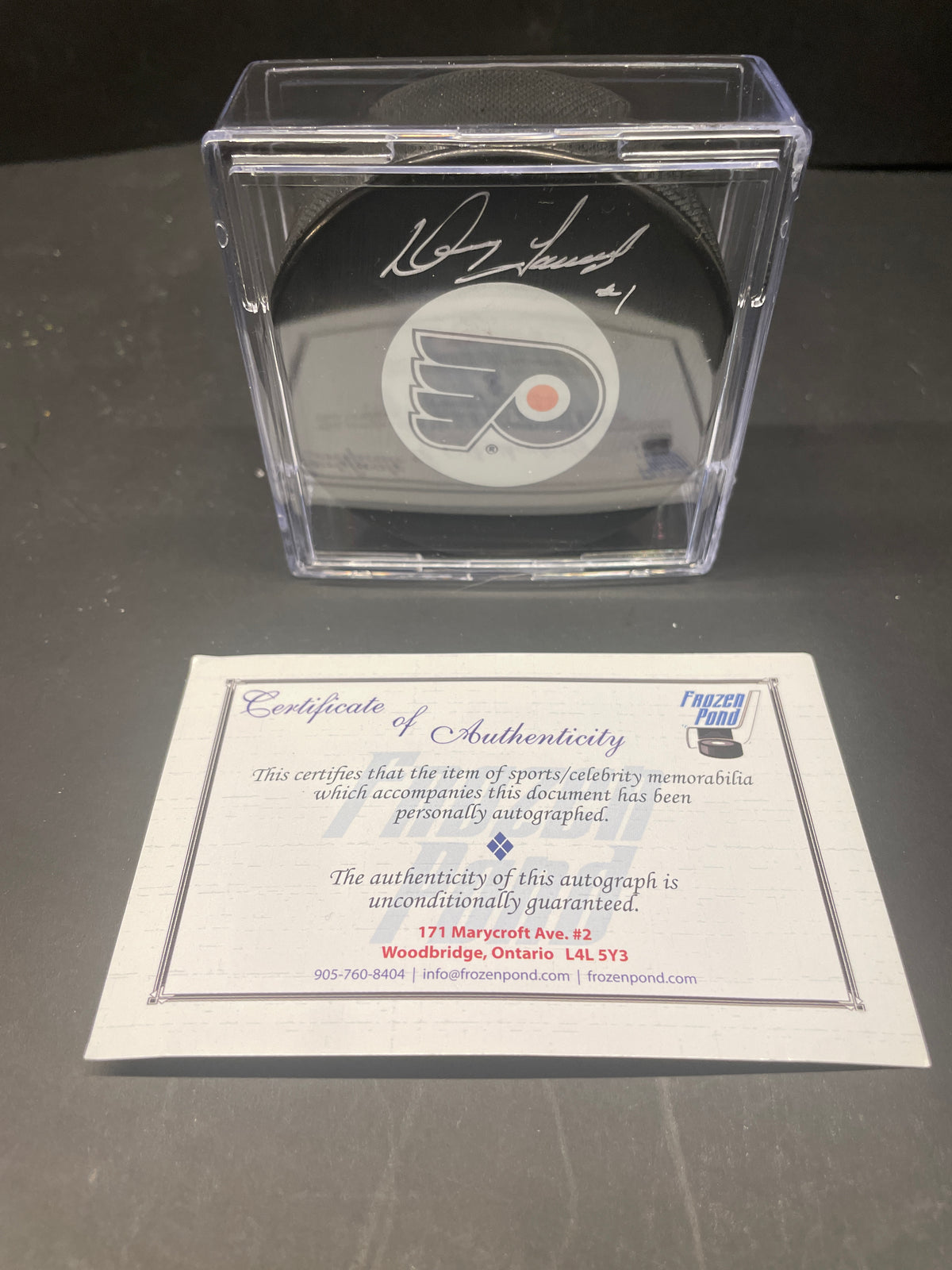 Vintage Doug Favell Autographed Philadelphia Flyers Hockey Puck (With COA; Case)
