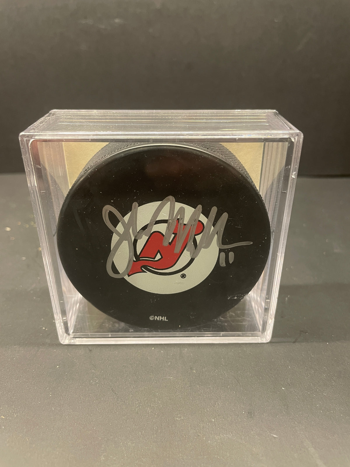 John Madden Autographed NJ Devils Hockey Puck (With COA; Display Case)