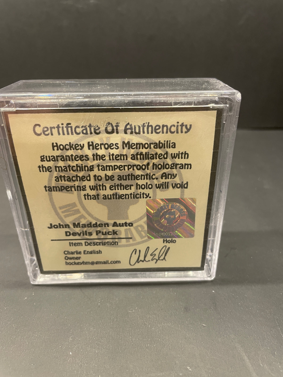 John Madden Autographed NJ Devils Hockey Puck (With COA; Display Case)