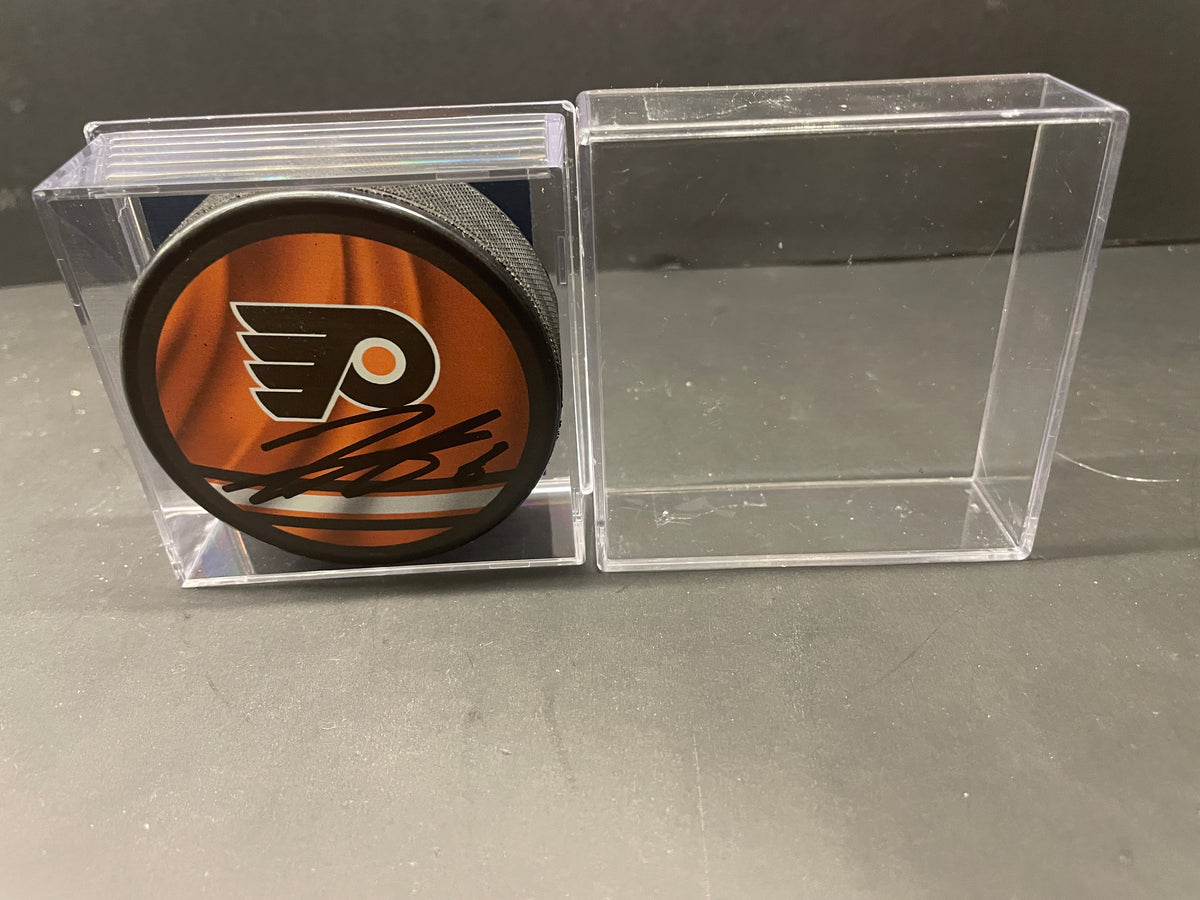 Travis Sanheim Autographed Philadelphia Flyers Hockey Puck (With COA; Display Case)