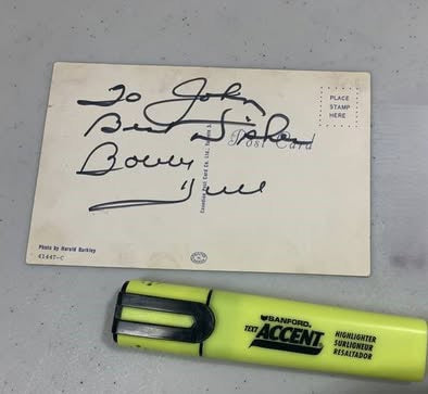 Vintage 1960s Bobby Hull Dual-Signed Harold Barkley Postcard – Chicago Blackhawks