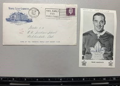 Vintage 1967 Frank Mahovlich Signed Photo & Maple Leaf Gardens Envelope – 1967 Stanley Cup Era